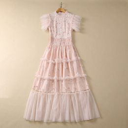 2023 Pink Solid Colour Floral Embroidery Tulle Dress Short Sleeve Round Neck Panelled Long Maxi Casual Dresses S3Q060705