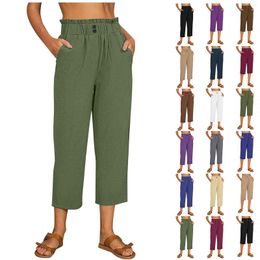 Women's Pants Short For Women Fashion Cotton And Linen Loose Elastic Waist Pocket Cropped Vintage Trousers Pantalones