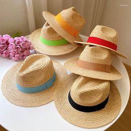 Wide Brim Hats Handmade Straw Panama Hat Sun For Women Raffia With Ribbon Band