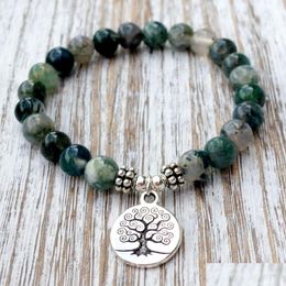 Beaded Sn1072 Genuine Moss Agate Bracelet Fashion Yoga Wrist Mala Beads Tree Of Life Healing Nature Stone Buddhist Jewelry D Dhgarden Dhlf5