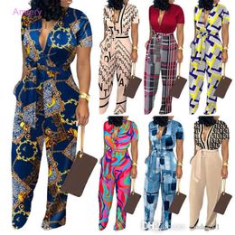 Designer Womens Wide Leg Jumpsuit Sexy Contrast Colour Patchwork Fashion Printed Button Cardigan Rompers Jumpsuits For Women