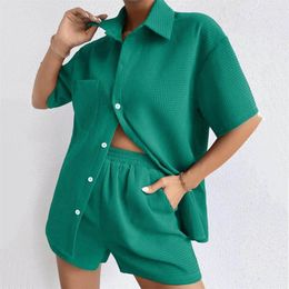 Stage Wear Summer Set Women's Loose Casual Short Sleeve Shirt Elastic Waist Shorts Two Piece For Women