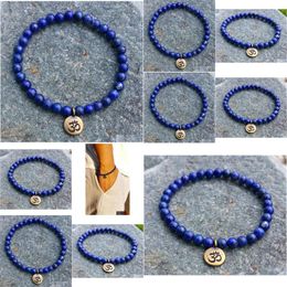 Beaded Sn1106 Wholesale Handmade Bracelet 6Mm Lapis Lazi Natural Stone Beads Antique Brass Ohm Lotus Buddha Charm Drop Deliv Dhgarden Dh15J