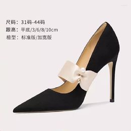 Dress Shoes Spring And Summer Pointed Suede Pearl Flat Bottom Single Thin High Heels Banquet Large Small Women's