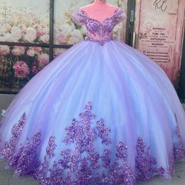 Glitter Purple Quinceanera Dress 2024 Mexican Lace Florals Sweet 15 Dress Sequin Vestidos Para Xv Birthday Party Plus Size