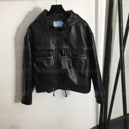 Fashion Leather Jacket Women Coats Designer Women Top Zipper Double Pockets Hem Drawstring Long Sleeved Hooded Coat Designers Jackets Womens Tops
