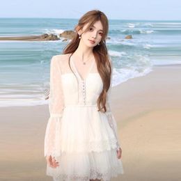 Casual Dresses Women's White Lace Dress V Neck Long Sleeve Hollow Layered Ruffle Mini