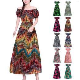 Casual Dresses Off The Shoulder One Neck Cotton Silk Floral Dress 2023 Summer Short Sleeved Long Skirt Ethnic Style Fashion