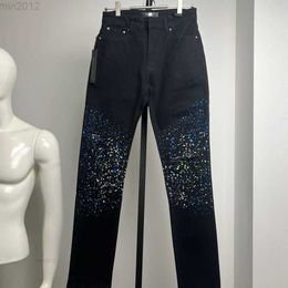 new Ami jeans High Street Black Distressed Hole Speckled Ink Sprayed Elastic Slim Fit Small Feet Trendy Jeans