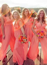 2023 New Arrival Chic Chiffon Cheap Coral Bridesmaid Dresses Long Jumpsuits V Neck Plus Size Beach Wedding Guest Dress Party prom Dresses