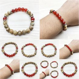 Beaded Sn1007 Newest Design Yoga Bracelet Men Energy Healing Jewelry Wrist Mala Carnelian Picture Jasper Courage Wholesale D Dhgarden Dhcnd