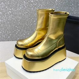 Gold Top quality stretch to Leather Ankle Boots Rear Zip Platform Street style boots Round toe pumps heels for women luxury designer Boots