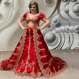 Red Mermaid Moroccan Arabic Evening Dresses Detachable Train Abaya Caftan Celebrity Gown V Neck Short Sleeve Turkish Vestidos De Novia 326 326