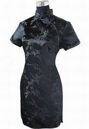 Urban Sexy Dresses Black Traditional Chinese Women Qipao Dress Short Mini Cheongsam Handmade Button Flower Large Size 3XL 4XL 5XL 6XL 230911