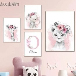 Flower Custom Name Canvas Painting Cartoon Animal Nursery Poster Bear Elephant Giraffe Wall Print Pictures Baby Kids Room Decor L01