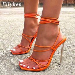 Sandals Sexy Clear Crytal Perspex Heels Women Pumps Fashion Ankle Cross Strap Ladies Square Toe Party Dress Shoes 220232