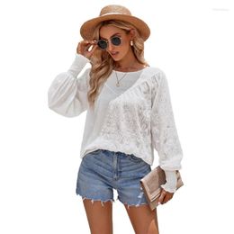 Women's T Shirts Round Neck Smocked Long Sleeve Solid Blouse Office Top Shirt