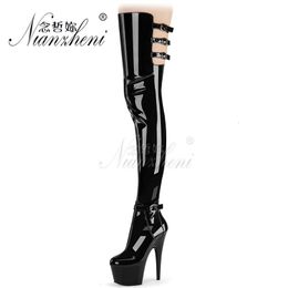 Boots 17cm Thin Heel Ultra High Waterproof Platform Lacquer Leather Hollow Over Knee Nightclub Steel Pipe Dance Shoes 230911