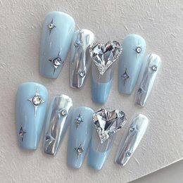 False Nails Long Ballet French Sky Blue Stars Y2K Press On Nail Glitter Love Diamond Decor Silver Metallic Wear Fake