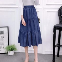 Skirts Denim Womens 2023 Spring Elastic High Waist Button Shirring Patchwork Ruffle Long Maxi Skirt Beho Jeans Falda Durikies