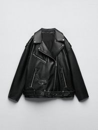 Women's Leather Women Loose Motorcycle Biker Black Pu Faux Jacket With Belt Spring Autumn Female Zipper Coat Outwear