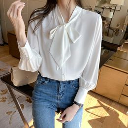 Women's Blouses 2023 Autumn Shirts Fashion White Shirt Single Breasted Bow Lace Up Tops Satin Long Sleeve Solid Elegant Blouse For Women
