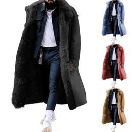 Mens Trendy Winter Suede Plush Overcoat Midi-Length Faux Fur Thicken Warm Coat Men High Quality Male Loose Windproof Outerwear