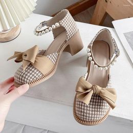Dress Shoes High-heeled Thick-heeled Female Pearl Bow Design Lady Style Mary Jane Women Pumps