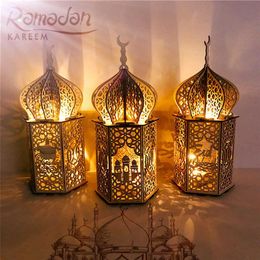 Wooden Eid Desktop Decoration Mubarak Muslim Wood Crafts Warm Lights Lantern Ornaments For Eid Muslim Islam Ramadan Party 210610245t