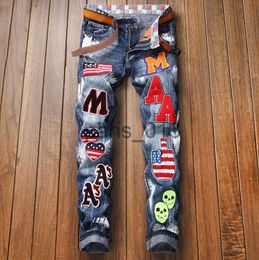 Men's Jeans Men More Badge Slim Fit Jeans Straight Leg Washed Fashion Designer Sreetwear Painted Biker Men's Denim Pants Trousers Big Size 896 x0911