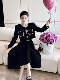 Two Piece Dress Insozkdg Woman Skirt Sets Solid O-neck Pockets Full Coat Pleated Skirts Vintange Korean Fashion Womens Outifits
