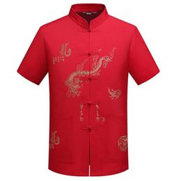 Men's Casual Shirts Chinese Traditional Tang Clothing Top Mandarin Collar Wing Chun Garment Short Sleeve Embroidery Dragon Sh2090