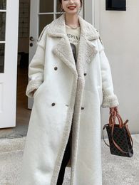 Women's Leather Autumn Winter Women Faux Lamb Wool Suede Jacket Casual Lapel Double Breasted Chamois Long Coat