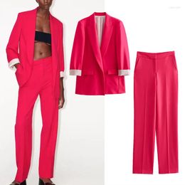 Women's Suits Fashion Red Open Front Blazer Women Chic Print Cuff Shoulder Pad Sets 2023 Casual Straight Zipper Pant Female