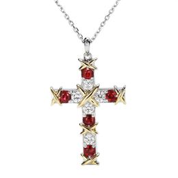 Simple Ruby Diamond Cross Pendant Real 925 Sterling Silver Party Wedding Pendants Necklace For Women men moissanite Jewelry Gift313D
