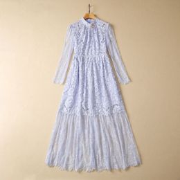 2023 Black / Blue Floral Lace Dress Long Sleeve Stand Collar Rhinestone Brooch Long Maxi Casual Dresses S3W270525