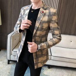 Plaid Suit Blazers Jacket Mens Stylish Dress Prom Blazers For Men Casual Slim Club Stage Singer Suit Blusa Masculina