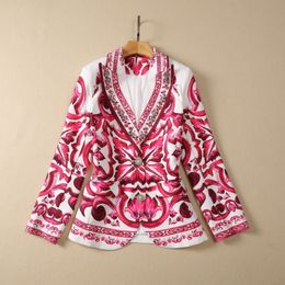 2023 Red Paisley Print Beaded Blazers Long Sleeve Notched-Lapel Rhinestone Single-Breasted Outwear Coats S3Q060705 Plus Size XXL