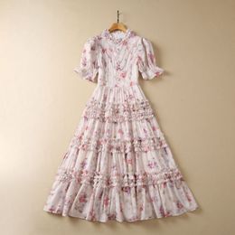 2023 Pink Floral Print Panelled Stringy Selvedge Dress Short Sleeve Round Neck Midi Casual Dresses S3W220518 XXXL Size Plus Size