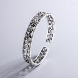 Bangle 925 Stamp Bracelets Trendy Elegant Charming Vintage Simple Hollow Rose Flower Bangles Thai Silver Jewellery