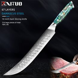 Damascus Ham knife Japan VG-10 Steel Brisket Slicing Knife Kitchen Knife Dazzling Abalone Shell Handle Sharp Slicer Bread Knife