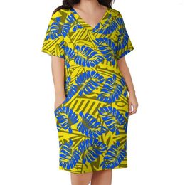 Casual Dresses Selling Pacific Art Personality V-neck Dress Women's Tonga Polynesian Tribal Design Cosy Short Sleeve Pocket