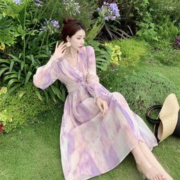 Casual Dresses Women Ink-and-wash Printed Break Dress Slim Waist Chiffon For Robe Print Female Clothing