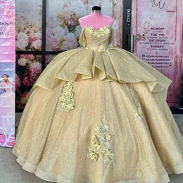 Sparkly Gold Sweetheart Princess Ball Gown Quinceanera Dress Off The Shoulder Lace 3DFlower Sweet 16 Dress Vestidos De 15