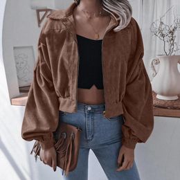 Women's Jackets Vintage Corduroy Cropped Jacket For Women Korean Style Long Sleeve Zip-Up Short Coats Casual Harajuku Solid Streetwear