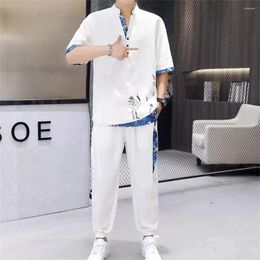 Summer Ice Tracksuit Set for Men - Chic Retro Style Two-Piece with Short Sleeve oversized shirt men and Long Pant Suit, Oversized Casual Loose Shirt