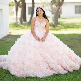 Pink Sweetheart Quinceanera Dresses With Floral Applique Tull Tiered Volume 3DFlower Girls XV Brithday Wear Vestidos De 15 Anos