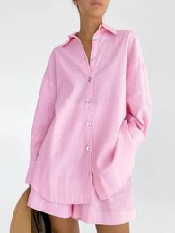 Women's Sleepwear Lovship Pink Pajamas For Women Set Cotton Shorts Long Sleeve Girls Summer Button Down Two-piece Pjs Loungewear