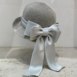 Wide Brim Hats Women's Sun Hat Up Turned Straw Butterfly Knot Elegant Bowler Ladies Bucket Beach