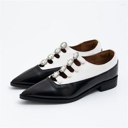 Dress Shoes Fashion Pointed Toe Women Pumps Straps Buckle Low Heel Hollow Out Crystal Color Block Flats Zapatos Mujer